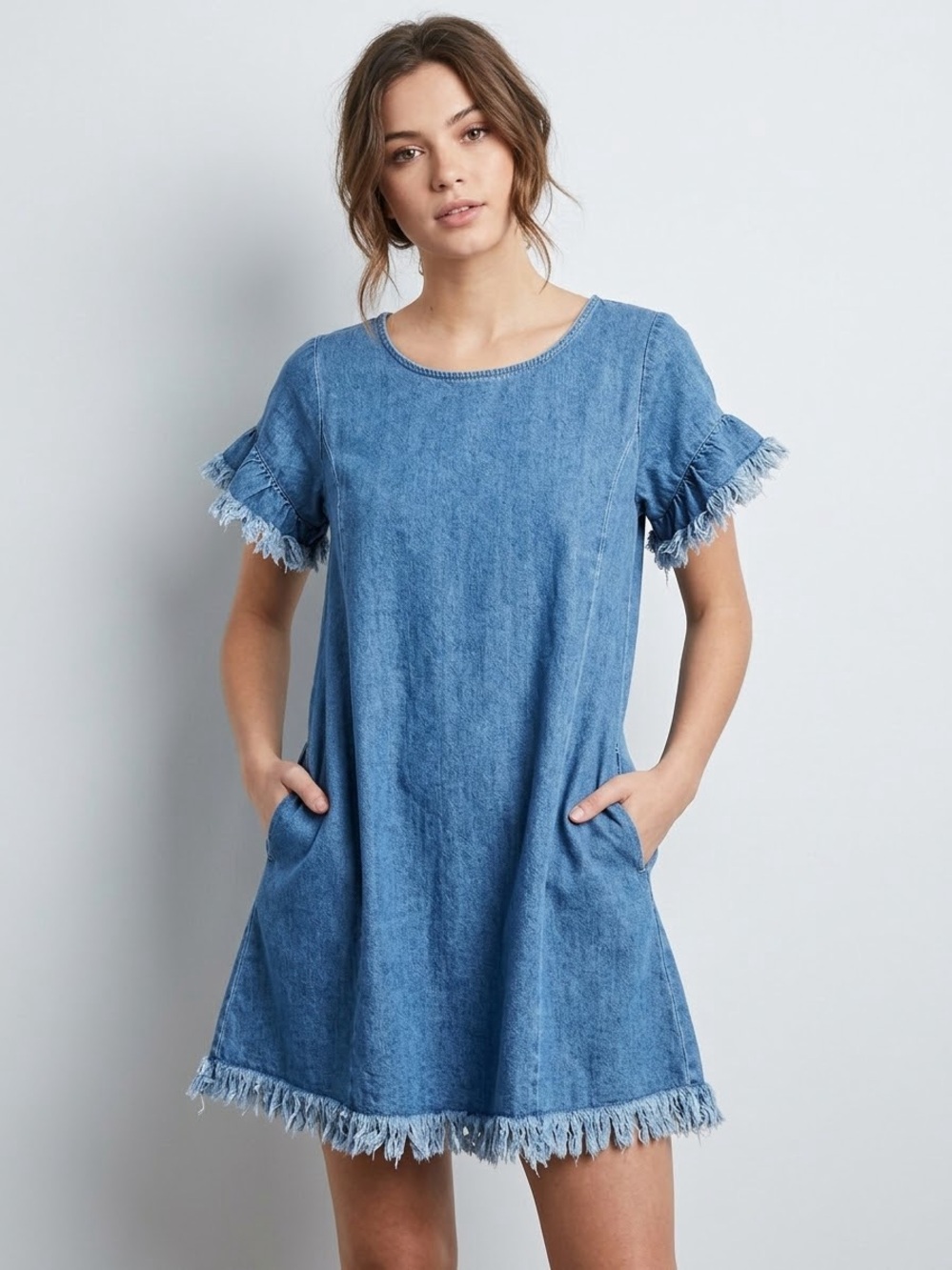 New UMGEE Frayed Denim Dress Pockets Cowgirl Rodeo Boho Medium Western